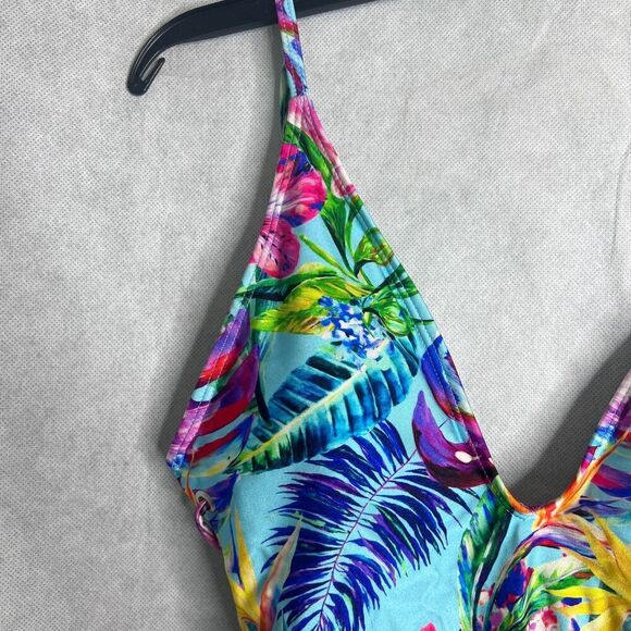 Stylish Swimwear Triangle Top Tie Side Tropical Pattern Deep V Swimsuit Sz LG - Picture 3 of 10